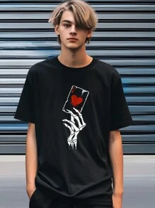 織印骷髏＆撲克花紋青少年短袖休閒t恤衫,適用於夏季 - 黑色 - 查看 1