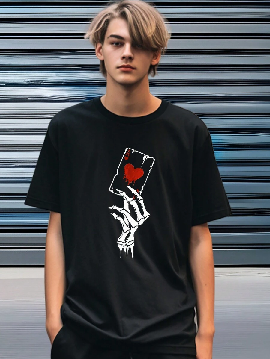 織印骷髏＆撲克花紋青少年短袖休閒t恤衫,適用於夏季 - 黑色 - 查看 1