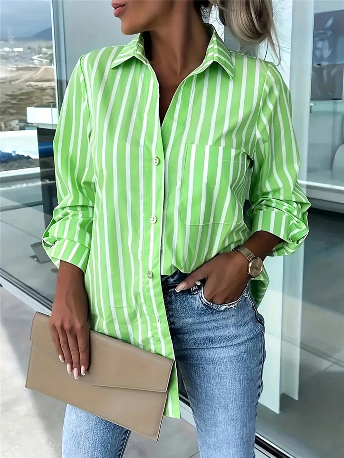 Women's Striped Patch Pocket Button Up Roll Sleeve Shirt SHEIN USA