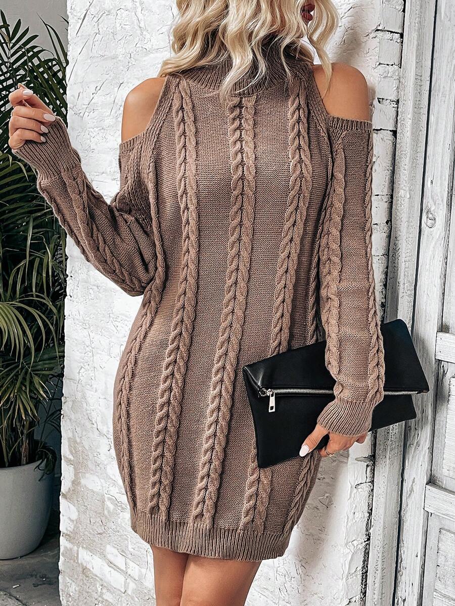 SHEIN Frenchy 女款露肩長袖毛衣裙 - 卡其色 - 查看 1