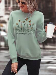 SHEIN EZwear 女士蝴蝶和花卉圖案印花長袖運動衫 - 薄荷綠 - 查看 3