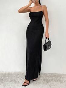 EURMUSE Women's Backless Halter High Slit Side Cami Dress - Black - View 2