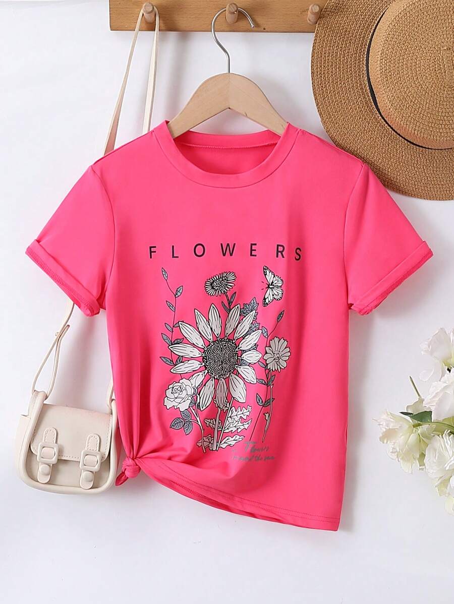 少女花卉與字母印花t恤 - 玫紅色 - 查看 1