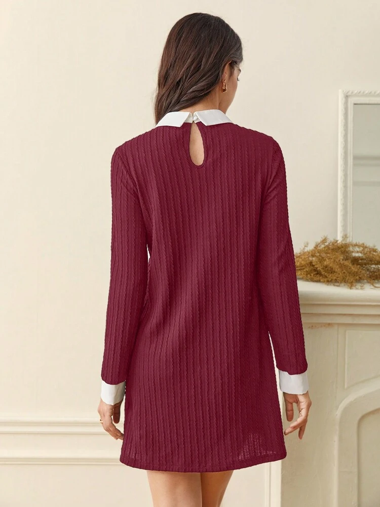 Women's Color Block Stand Collar Long Sleeve Dress Without Waist Belt Christmas Winter New Year Red Burgundy Casual