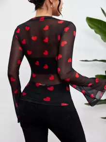SHEIN LUNE Top De Malla Transparente En Forma De Corazón Con Mangas Acampanadas