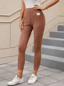 SHEIN LUNE 女款羅紋針織拼貼細部長高腰緊身褲 - 彩色 - 查看 9