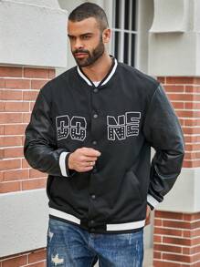 Manfinity Homme Męski Rozmiar Plus Wzór liter Rozpinane Swetry Z Pasiaste wykończenie I Guziki z przodu - Czarne - Zobacz 5