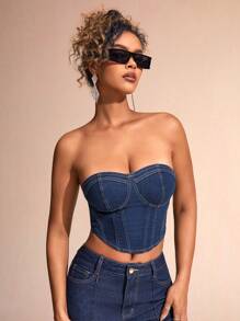 SHEIN BAE Back Zipper Closure Stitched Denim Bustier Top - Blue - View 4