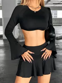 Flirla Women'S Backless Tie Front Top And Skirt Set