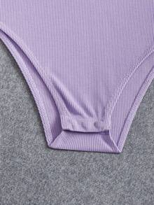 SHEIN 適合青少女穿著的運動街頭針織純色圓領長袖連身褲，2件裝 - 淡紫色 - 查看 4