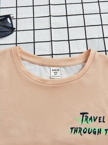 SHEIN Con trai Giải trí Thoải mái Hoạt hình In thư Áo thun - Màu Khaki - Xem 4