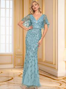 Đầm dạ hội trang trọng cổ chữ V tay cánh bướm đính sequin hoa lưới màu xanh nhạt kiểu đuôi cá, đầm dạ hội dự tiệc cưới mùa thu cho khách dự tiệc tối tốt nghiệp - Màu xanh Cadet - Xem 7