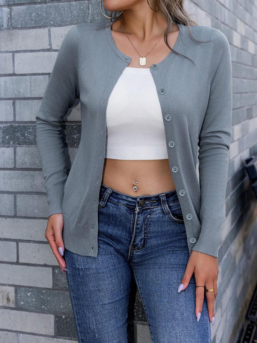AAmilife Women's Classic Solid Color Round-Neck Buttoned Cardigan