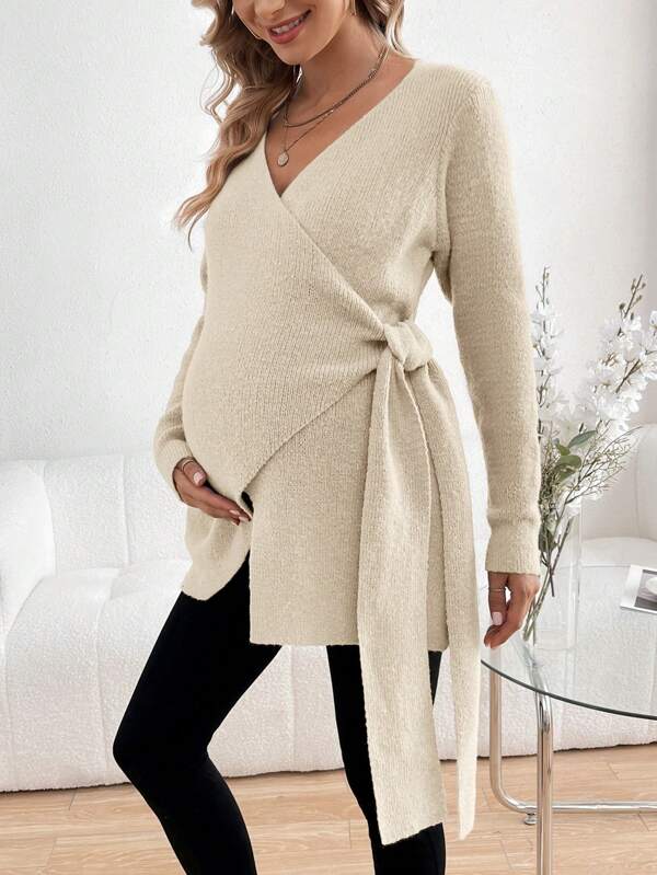 SHEIN Jersey de punto con manga larga, diseño envolvente con nudo lateral, para embarazadas, para el invierno