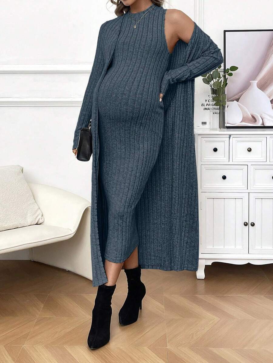 SHEIN Maternity Ribbed Sleeveless Dress And Coat 2pcs/Set - Dusty Blue - View 1