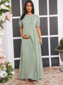 Loomaby Vestido Sólido De Maternidad Con Mangas Tipo Globo - Verde - Ver 5