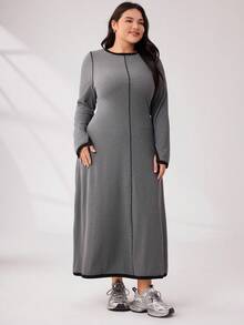 Mulvari Plus Size Colorblock Dress With Contrast Trim And Exposed Stitching - Dark Grey - View 5