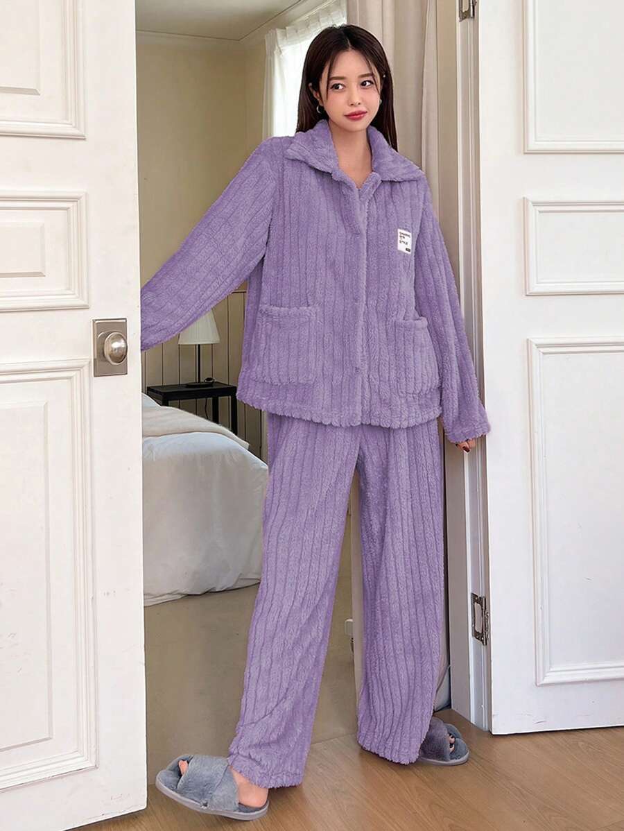 DAZY 女士拼接抓毛長袖家居服套裝 - 紫色 - 查看 1