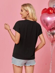 SHEIN LUNE Women's Lips Print Round Neck T-Shirt - Black - View 2