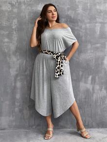 SHEIN LUNE 大碼圓領拼接豹紋腰帶連身褲,斜口袋設計 - 淺灰色 - 查看 6