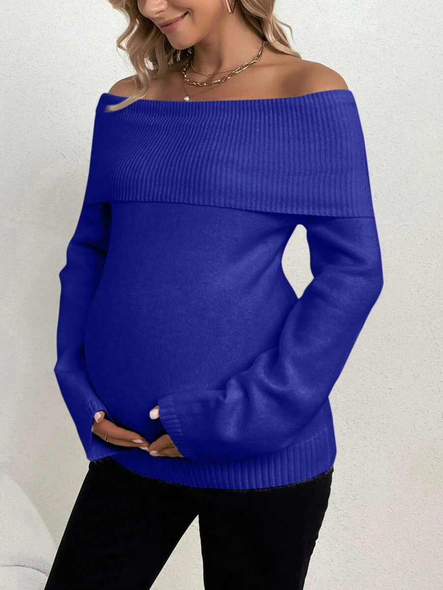 SHEIN Maternity Solid Color Off Shoulder Sweater, For Winter - Blue - View 1