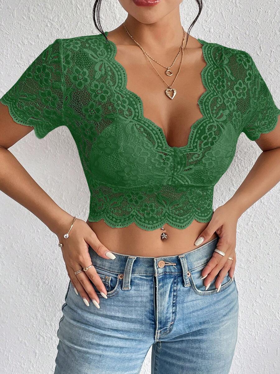 SHEIN Frenchy V領蕾絲上衣 - 綠色 - 查看 1