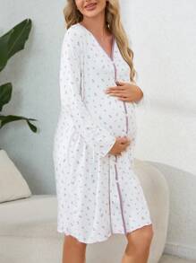 Moonlight&Mama Maternity Floral Printed Colorblock Nightgown With Lace Trim, Pajama Dress, For Fall, Winter - White - View 1