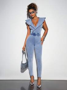 SHEIN BAE Slim Fit Denim Jumpsuit - Blue - View 3
