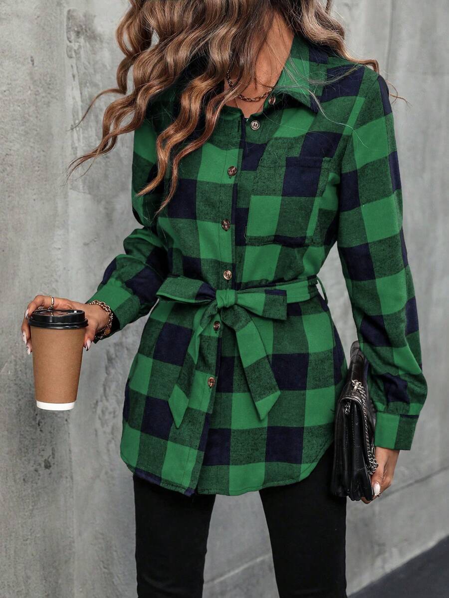 SHEIN LUNE Random Gingham Long Sleeve Shirt With Belt - Olive Green - View 1