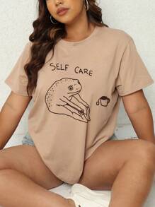 SHEIN Essnce Hơn Cartoon & Đồ họa chữ cái Áo thun - Màu be - Xem 4