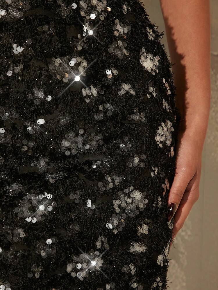 Sequin Off Shoulder Ruffle Mini Dress