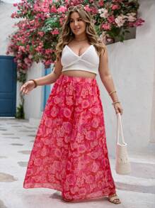 SHEIN VCAY Floral Print Wide Leg Pants, Plus Size, Romantic Valentine's Day Style - Multicolor - View 3