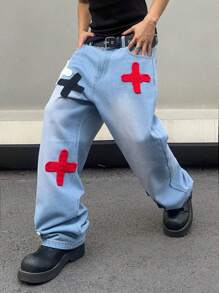 Manfinity Roghcode Men'S Loose Fit Cross Embroidery Jeans - Blue - View 4