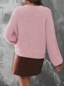 SHEIN Essnce 女款v領下垂肩長袖毛衣 - 粉色 - 查看 2