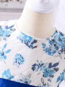 SHEIN Young Girl Floral Printed Puff Sleeve Dress - Blue - View 4