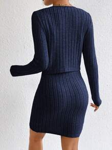 SHEIN Essnce Women's Ribbed Short Jacket And Dress Set - Navy Blue - View 2