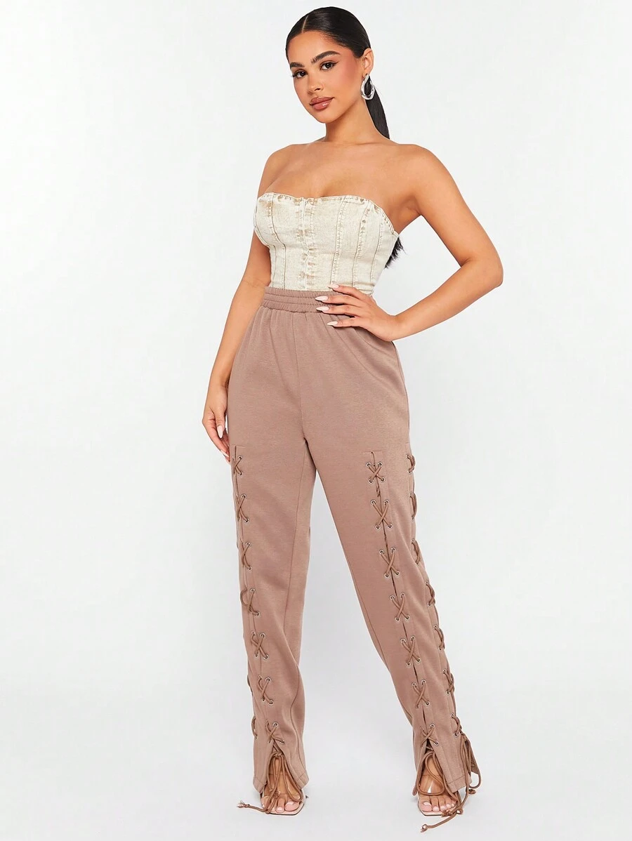 SHEIN SXY Brown Knit Drawstring Detail Sweatpants - Mocha Brown - View 1