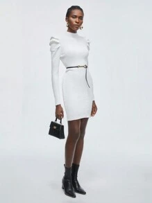 BizChic Vestido De Malha Com Gola Alta E Manga Leg-of-mutton Para Mulheres, Cor Sólida - Branco - Ver 5