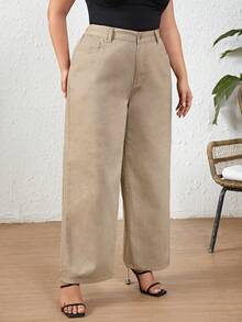 SHEIN LUNE Plus Size Solid Color Straight Leg Jeans - Khaki - View 3