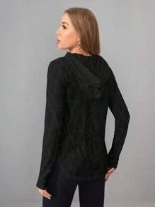 Easithlete Women's Hooded Geometric Texture Sports Sweatshirt Black Zip Up Fall Sweatshirts - Black - View 2