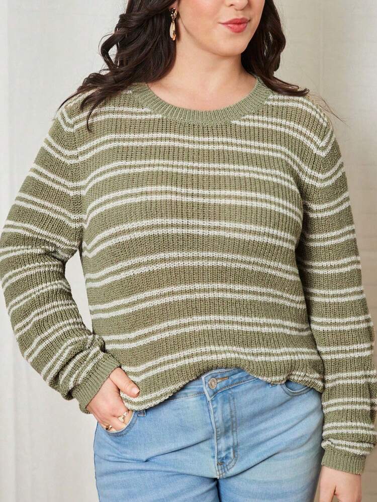 Plus Size Round Neck Striped Sweater