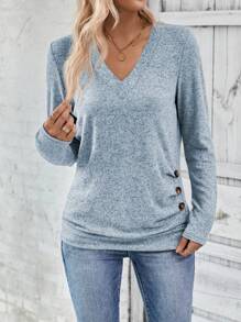 Lymera Blue V Neck Button Detail Casual T-Shirt Tops Fall Autumn And Winter Halloween Work Office Occasion For Women Going Out Party Christmas Thanksgiving New Year Occasion - Baby Blue - View 5