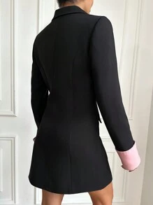 EURMUSE 女款拼色拼接雙排扣西裝外套 - 黑色 - 查看 4