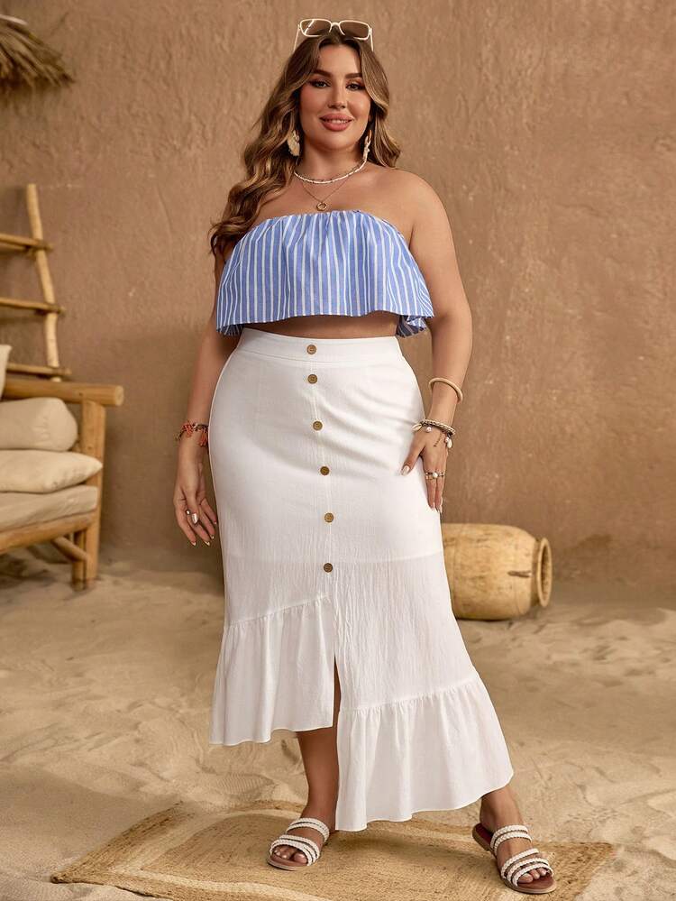 Plus Size Women's Striped Strapless Crop Top & Plain Skirt Set, Beach Vacation Style