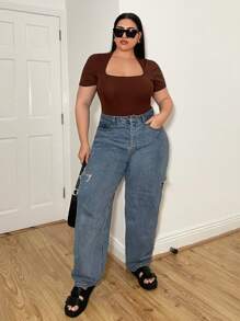 SHEIN Essnce Plus Size Women's Casual Short Sleeve Bodysuit With Square Neckline, Fashionable And Perfect For Spring And Summer - Brown - View 3