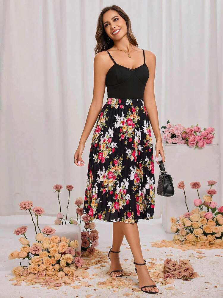 Spring Festival Solid Cami Top & Floral Print Skirt