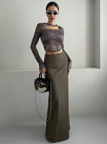 DAZY 女款扎染中空不對稱長袖t卹 - 卡其色 - 查看 7