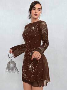 Aloruh 女士網格覆蓋荷葉袖連衣裙 - 棕色 - 查看 4