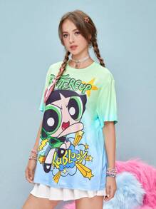 The Powerpuff Girls | ROMWE Camiseta de hombros caídos de ombré con estampado de dibujos animados - Multicolor - Ver 4