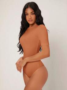 SHEIN BASICS 女士圓領短袖連身衣 - 棕色 - 查看 1